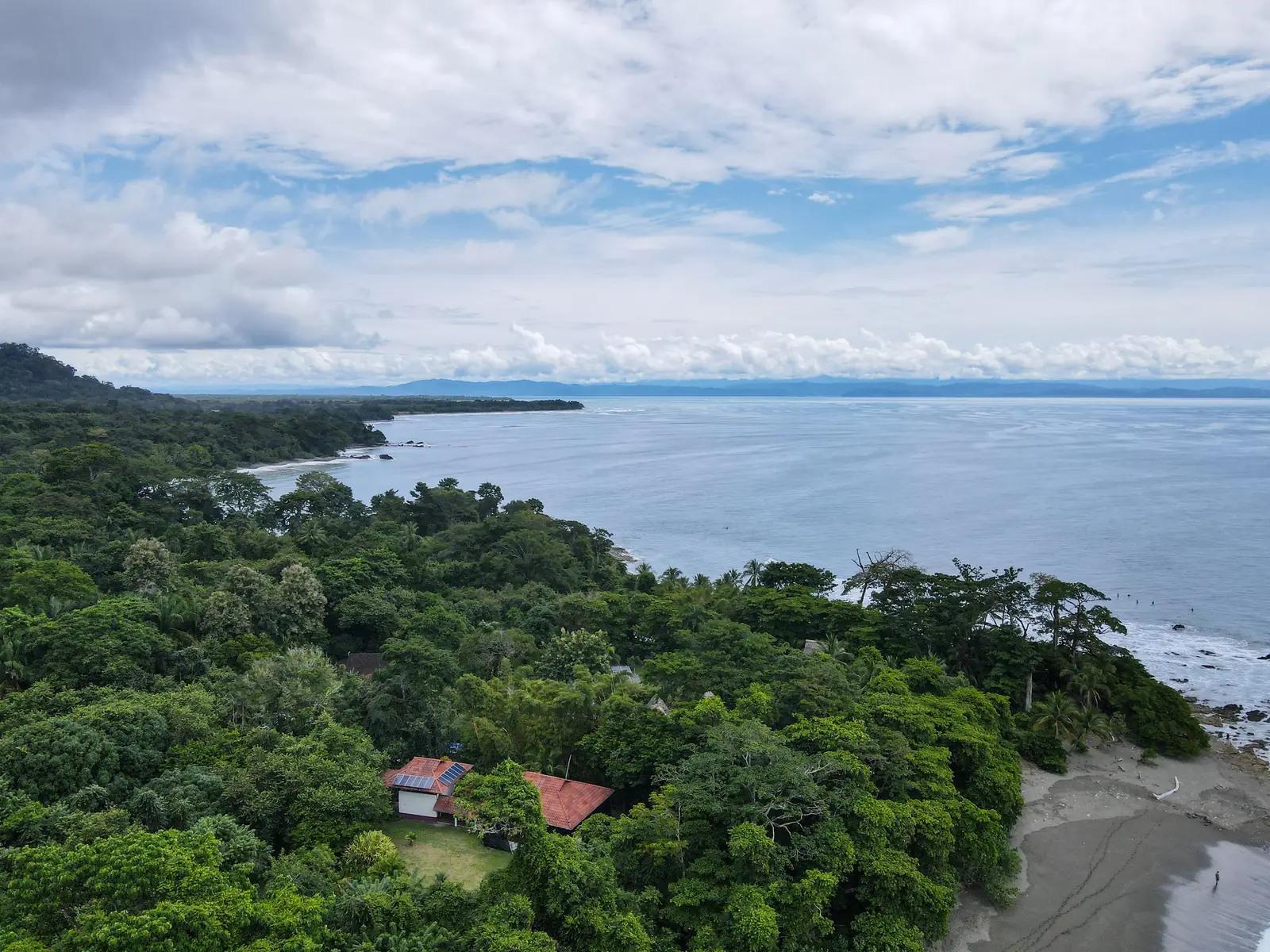 Aerial view of rainforest and a red-roofed house above the sea